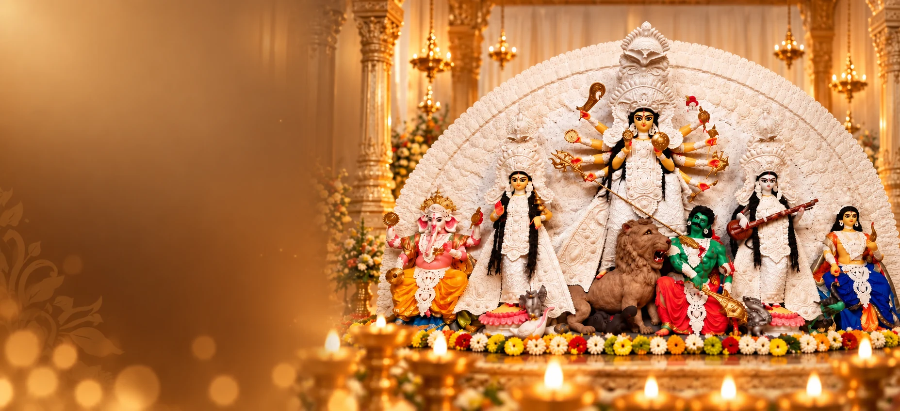 Maa Durga with Ganesh, Lakshmi, Saraswati and Kartik, Durga Puja pandal